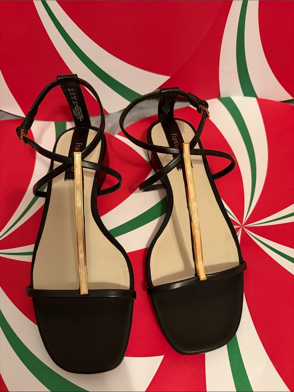 Franco Sarto Black Leather T-Strap Sandals with Gold Bar